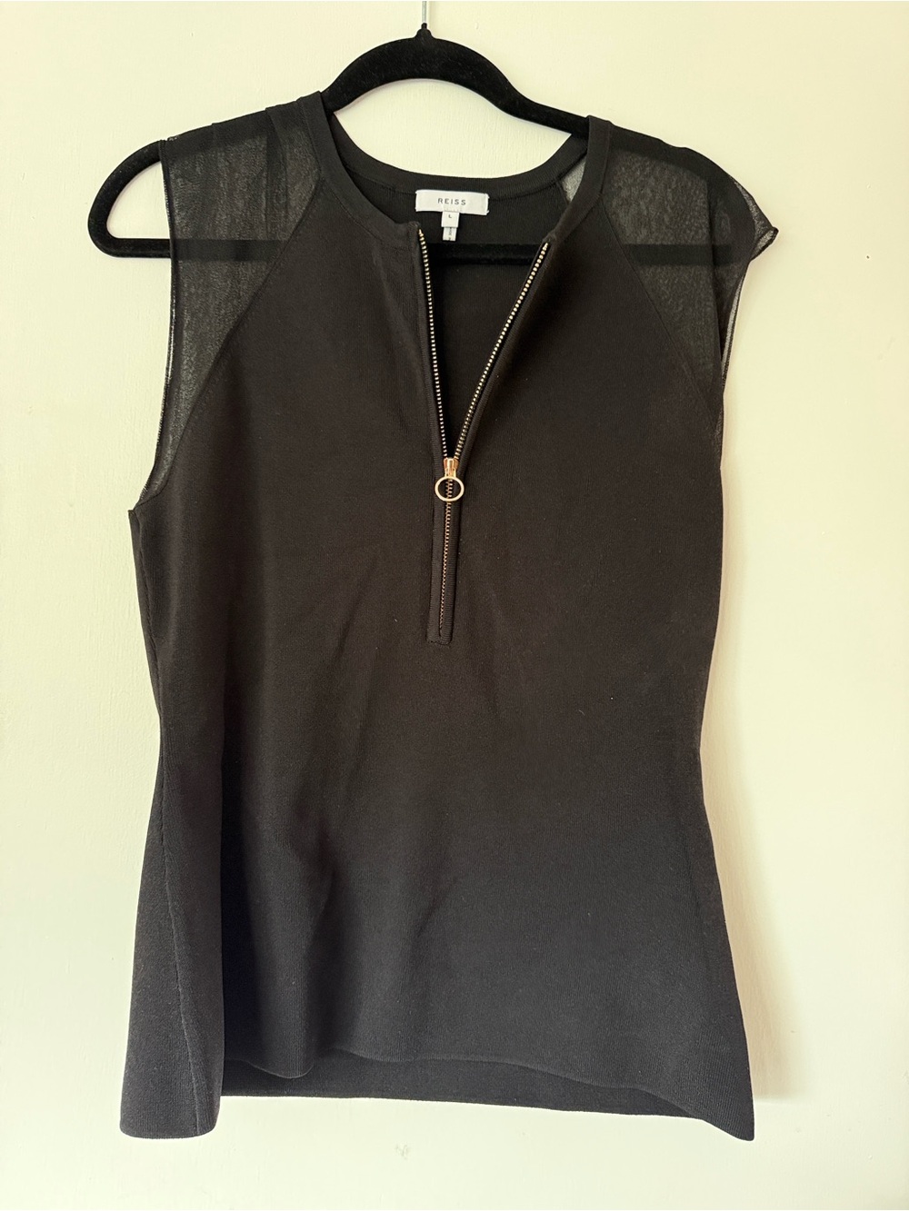 Reiss Black Sleeveless Zip-Front Top with Mesh Shoulders